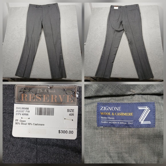 Jos. A. Bank Reserve Pants Men 40R Gray Wool Cashmere Zignone Italy Fabric NWT